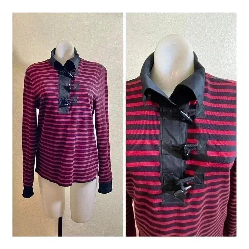 Lauren Ralph Lauren Size MP PETITE Red Black Striped Top Shirt Henley Toggles